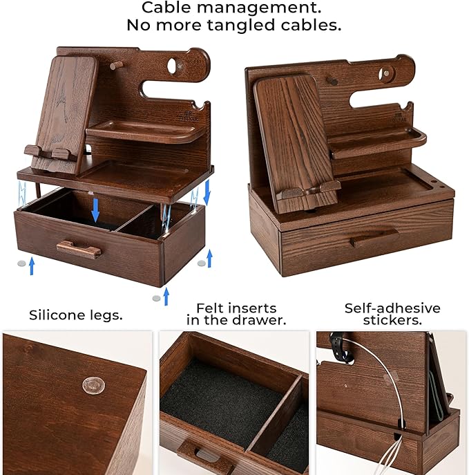 Wood Phone Docking Station with Drawer – Nightstand Desk Organizer