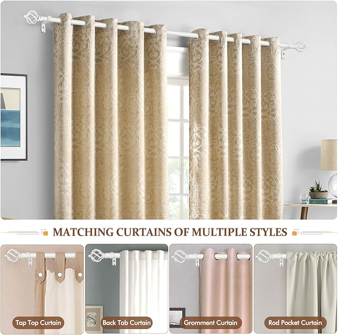 KAMANINA Curtain Rods for Windows 66 to 120 Inch, 3/4 Inch White Curtain Rod 32 to 115 Inches (2.6-9.6ft) Splicing Adjustable Single Drapery Rod with Twisted Cage Finial