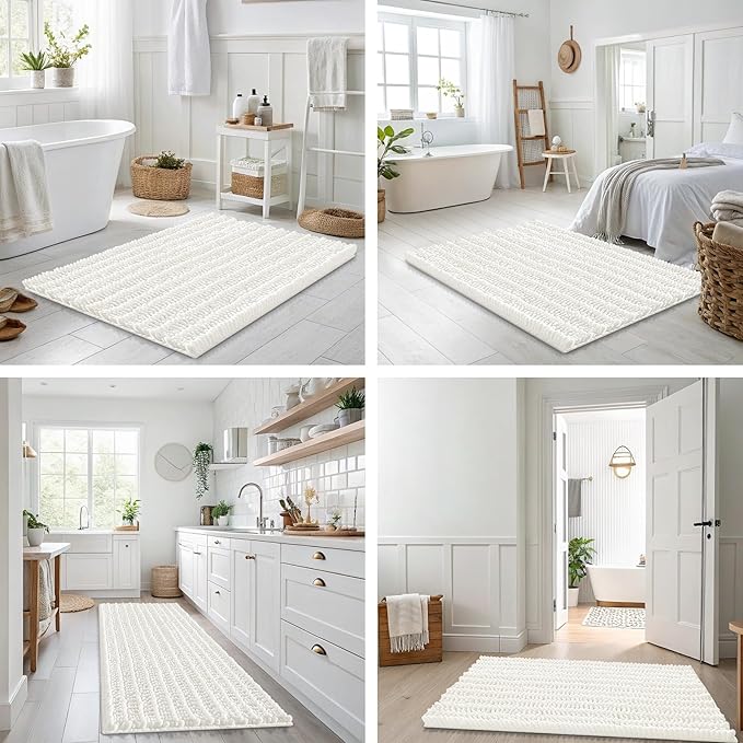 Smiry Bathroom Rugs Mat 44x24, Extra Soft Absorbent Chenille Bath Rugs, Non Slip Rubber Backing Machine Washable Quick Dry Bath Mats for Bathroom Floor, Tub, Shower, Home Decor Accessories, Ivory
