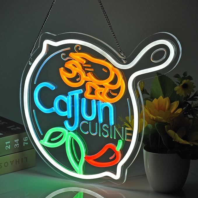 CNBEYOUNG Cajun Cuisine Neon Sign, Neon Lights Hanging Wall Art Decoration for Cajun Restaurant Shop Bar Cafe Kitchen Party Home Decor, USB Powered Ultra Bright Dimmable,14.8x 12.6inches