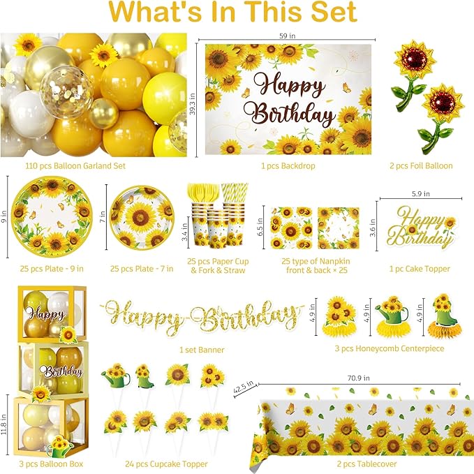 297pcs Sunflower Birthday Decorations-Serves 25, All-in-one Sunflower Party Decorations with 350gsm Plate, Backdrop, Tablecloth, Banner, Balloon, Balloon Box, Centerpiece, Cake Topper, Etc