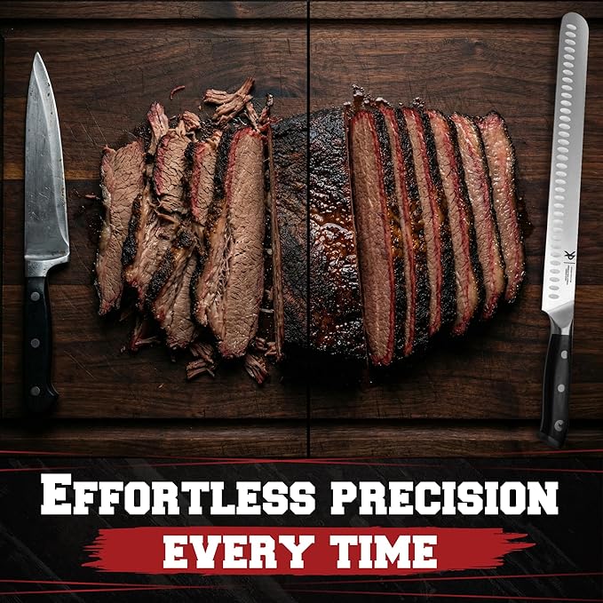 Kitchen perfection 12” Brisket Knife for Carving & Slicing Meat - Ultra Sharp Premium German Steel Granton Edge with Sheath, Full Tang Ergonomic Handle.For BBQ, Turkey & Ribs- Grilling Gifts for Men