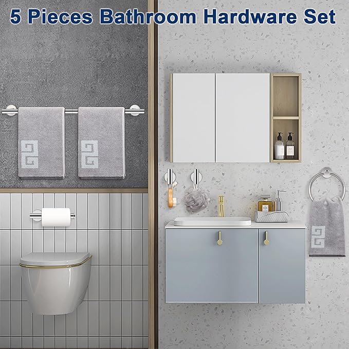 NearMoon 5 Pieces Bathroom Hardware Set SUS304 Thicken Stainless Steel-Towel Rack Kit Include 24" Towel Rod + Bath Towel Ring + Toilet Paper Holder +2 Robe Towel Hooks Bath Accessories (Chrome Finish)