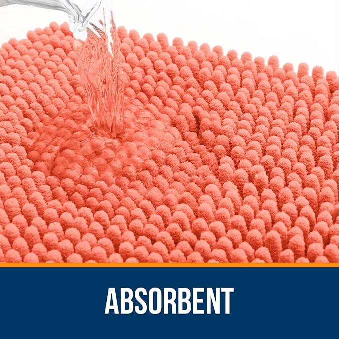 OLANLY Bathroom Rugs Sets 3 Piece, Soft Absorbent Chenille Bath Mats and U-Shaped Contour Toilet Rug, Quick Dry, Home Decor Accessories, Bath Mat Set for Bathroom (47"x20"+24"x16"+24"x20", Coral)