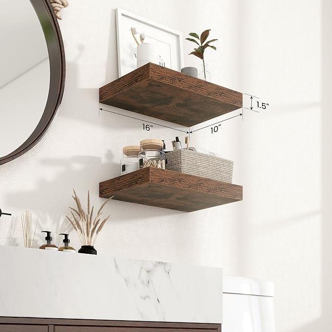 Axeman 16Inch Floating Shelves for Wall, 2 Pack Shelves for Bedroom, Bathroom, Kitchen, Hanging Wall Mounted Rustic Wood Shelf with Invisible Brackets for Books Decor, Rustic Brown