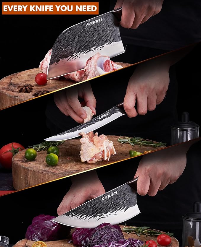 3PCS Butcher Knife Set,Hand Forged Serbian Chef Knife, Meat Cleaver,Boning Knife, Meat Cutting Kitchen Set for Home Cooking BBQ Perfect for Men Women With Gifts Box