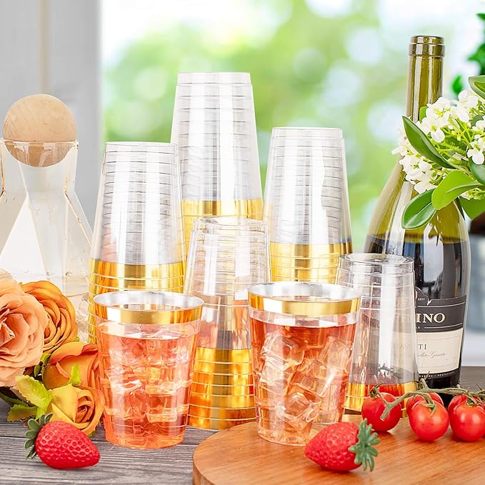 Ciaell 120PCS Gold Plastic Cups - 10Oz Heavy Duty Clear Plastic Cups with Gold Rim - Gold Rim Disposable Cups for Wedding, Birthday & Christmas