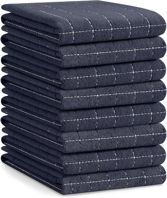 Homaxy 100% Cotton Terry Kitchen Towels(Dark Grey, 20 x 28 inches), Checkered Designed, Soft and Super Absorbent Dish Towels, Large 8 Pack