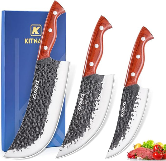 Professional Butcher Knife Set, Hand Forged Heavy Duty Meat Cleaver Serbian Chef Knife Viking Boning Knife 3PCS Kitchen Set for Meat Cutting Home Kitchen Outdoor Camping BBQ Cooking Gift for Men