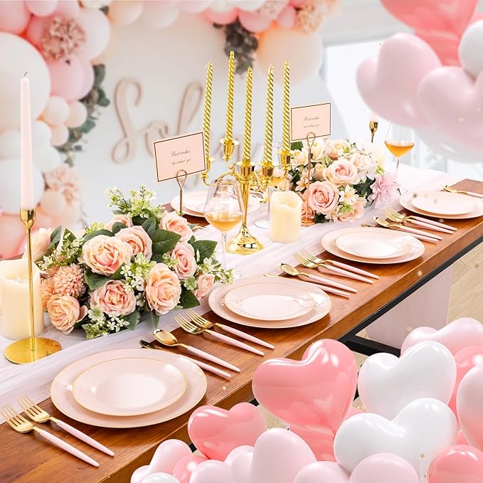Liacere 150PCS Plastic Plates-Gold Plastic Silverware with Pink Handle - Pink Disposable Plates Include 30 Guests Plates, Forks, Spoons, Knives for Wedding＆Easter Day＆Mother's Day＆Valentine's Day