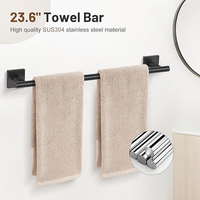 5-Piece Black Bathroom Hardware Set, SUS304 Stainless Steel Bathroom Accessories Set 23.6 inches Towel Bar, Toilet Paper Holder with Shelf, Towel Ring and Two Towel Hooks Wall-Mounted