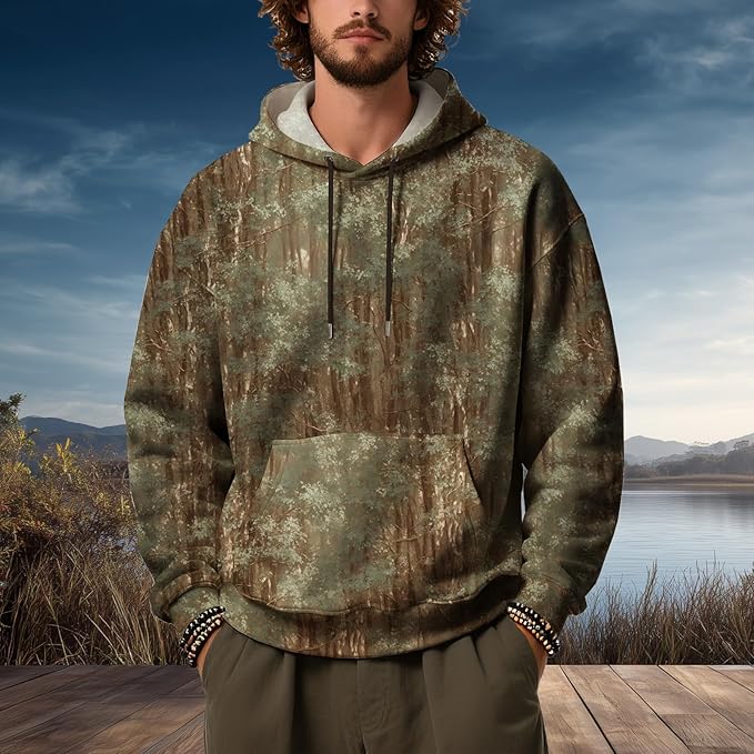 Mens Camo Hoodies Maple Leaf Graphic Camouflage Pullover Sweatshirts Hooded Fleece Casual Hunting Fall Outfits
