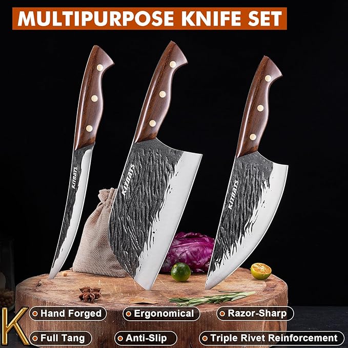 3PCS Butcher Knife Set,Hand Forged Serbian Chef Knife, Meat Cleaver,Boning Knife, Meat Cutting Kitchen Set for Home Cooking BBQ Perfect for Men Women With Gifts Box