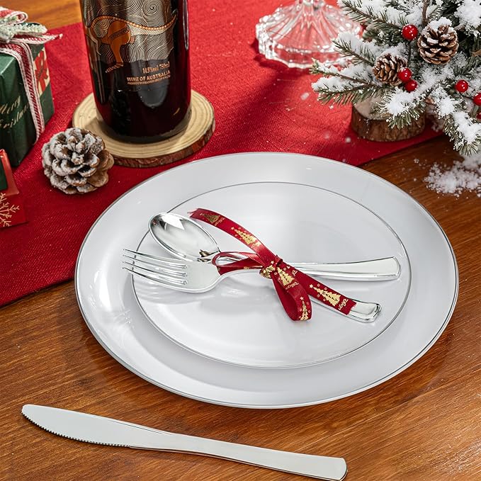 KIRE 100PCS Silver Plastic Plates - Heavy Duty White Disposable Plates with Silver Rim for Party/Wedding - Include 50Pcs 10.25inch Dinner Plates and 50Pcs 7.5inch Dessert Plates for Christmas