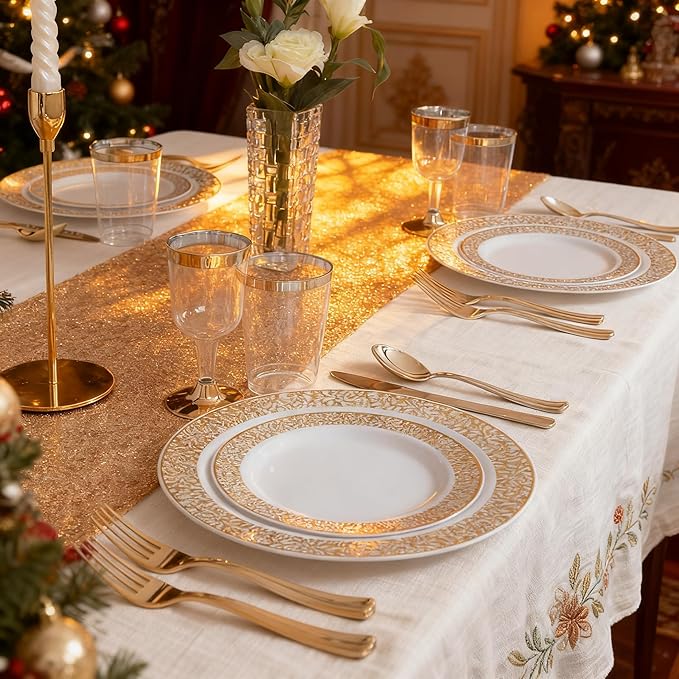 WDF 150PCS Gold Plastic Plates Set Christmas Plastic Plates 25Guests Gold Disposable Dinnerware Sets for Christmas