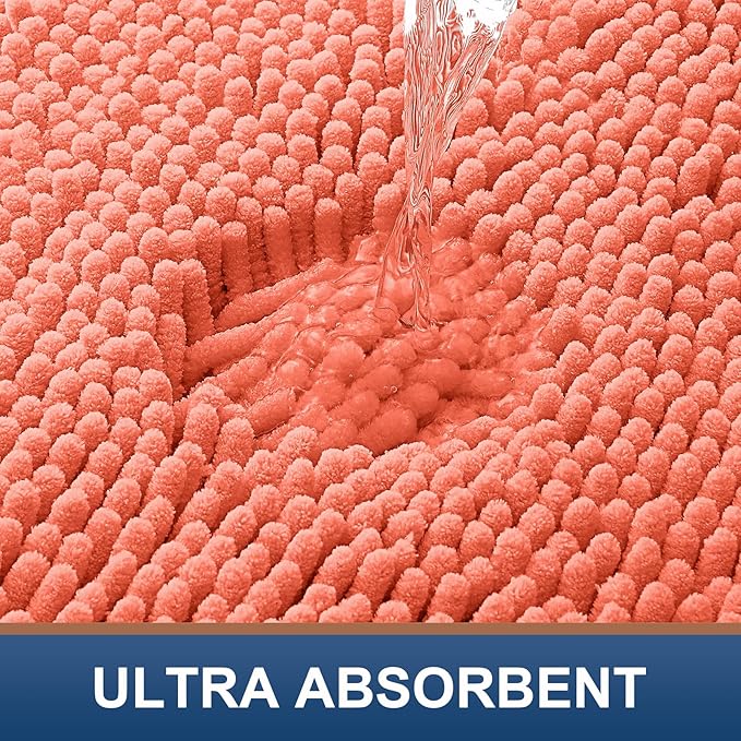Smiry Luxury Chenille Bathroom Rugs 59x20, Extra Soft and Absorbent Shaggy Bath Mat, Machine Washable, Non-Slip Plush Carpet Runner for Tub, Shower, and Floor, Home Decor Accessories, Coral