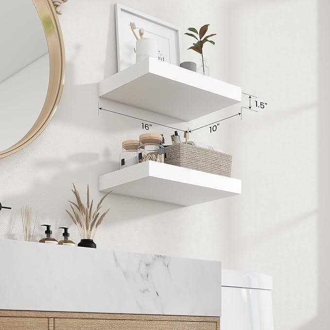 Axeman 16Inch Floating Shelves for Wall, 2 Pack Shelves for Bedroom, Bathroom, Kitchen, Hanging Wall Mounted Rustic Wood Shelf with Invisible Brackets for Books Decor, White