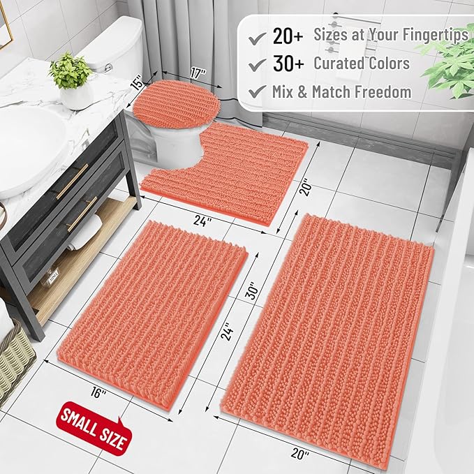 Arotive Luxury Chenille Bathroom Rug Mat, Extra Soft Thick Absorbent Shaggy Bath Rugs, Non-Slip Machine Wash Dry, Plush Bath Mats for Bathroom, Shower and Tub, 36x24, Coral