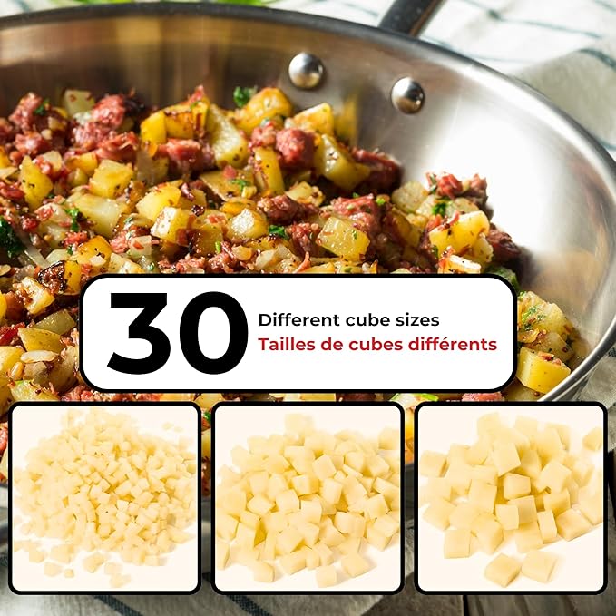 Starfrit Cubing Pro Mandoline Slicer, Dicer - 4 Blades & Graters with Storage Box - Straight & Crinkle V-Blades, Fine & Coarse Graters - 10 Thickness Settings, 3 Julienne Sizes - Self-Feeding Pusher