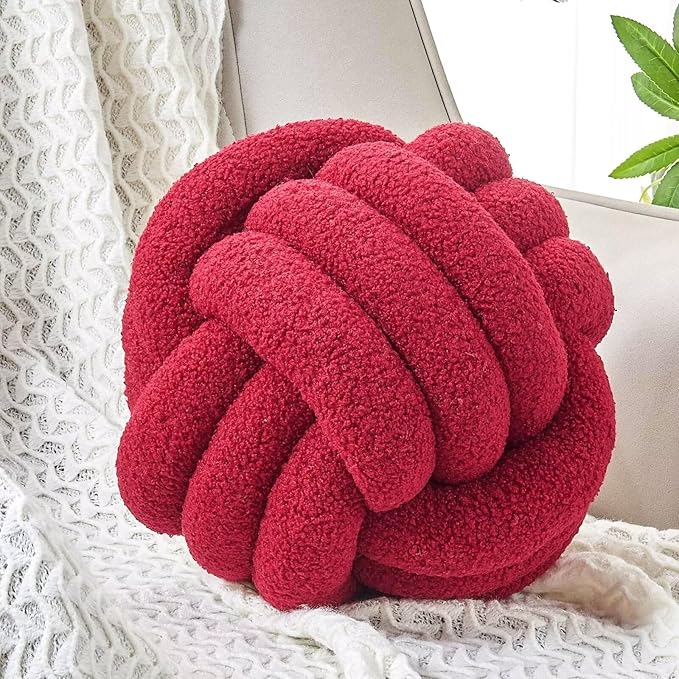 Uvvyui Knot Pillow Ball, Soft Home Decorative Pillows, Round Throw Pillow, Handmade Knotted Plush Pillow, Round Boucle Pillow Cushion (14 Inches Burgundy)