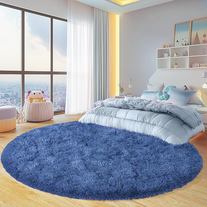 Round Fluffy for Bedroom Rugs, 6Ft Navy Blue Shag Circle Rug Non-Slip for Kids Girls Boys Bedroom Dorm Nursery Playroom, Soft Cute Area Rugs for Living Room Decor