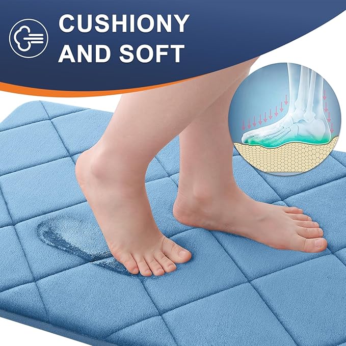 OLANLY Memory Foam Bath Mat 47x20, Ultra Soft and Absorbent Bathroom Rugs, Machine Washable, Comfortable Bath Carpet for Bathroom Floor, Tub and Shower, Blue