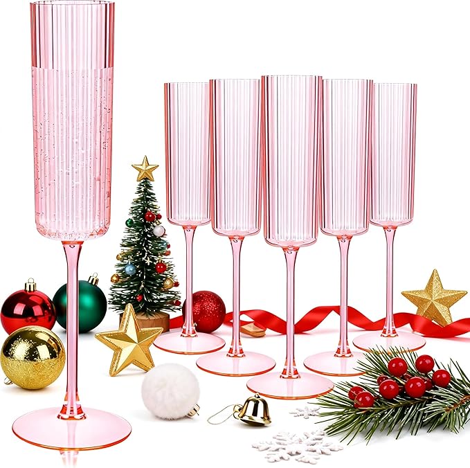 36 Pack Pink Plastic Champagne Flutes - 6oz Ribbed Disposable Champagne Glasses - Clear Pink Vintage Mimosa Glasses with Long Stem Elegant & Lightweight for Wedding Party
