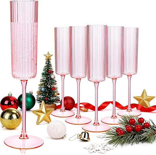 36 Pack Pink Plastic Champagne Flutes - 6oz Ribbed Disposable Champagne Glasses - Clear Pink Vintage Mimosa Glasses with Long Stem Elegant & Lightweight for Wedding Party
