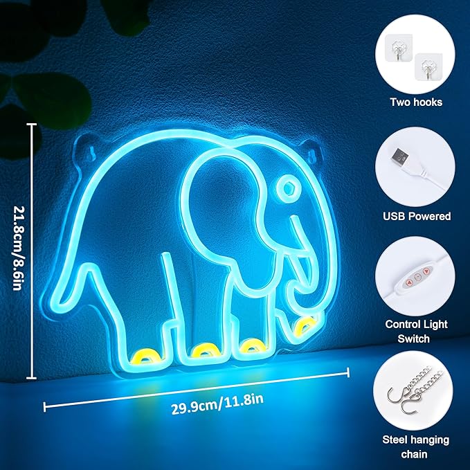 YuanDian Elephant Neon Sign, Animal Neon Lights for Bedroom Living Room Wall Decor, Birthday Party Gifts for Kids Adults People Who Like Elephants