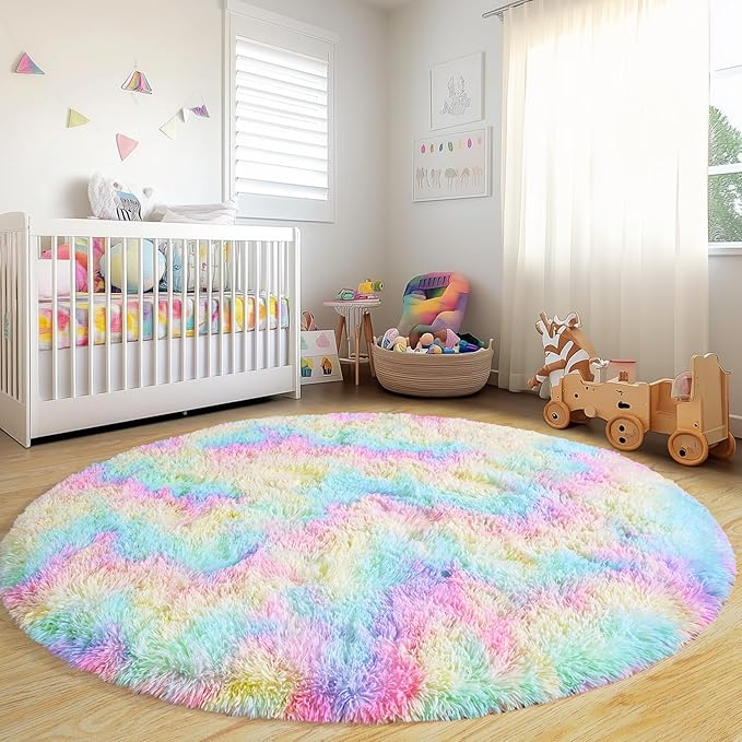 Round Fluffy Rugs 7Ft for Girls Bedroom, Rainbow Shag Circle Kids Rug Non-Slip for Bedside Dorm Nursery Playroom, Soft Cute Area Rugs for Living Room Decor