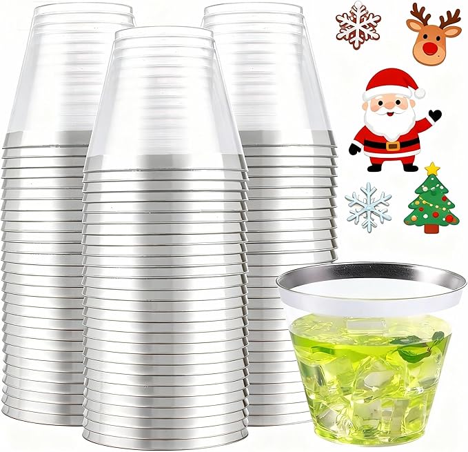 WELLIFE 200pcs Silver Cups, 9OZ Clear Plastic Cups,Plastic Wine Glasses Disposable,Cocktail Glasses for Party and Weddings
