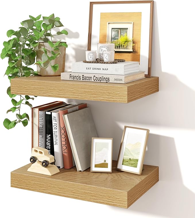 Axeman 16Inch Floating Shelves for Wall, 2 Pack Shelves for Bedroom, Bathroom, Kitchen, Hanging Wall Mounted Rustic Wood Shelf with Invisible Brackets for Books Decor, Oak