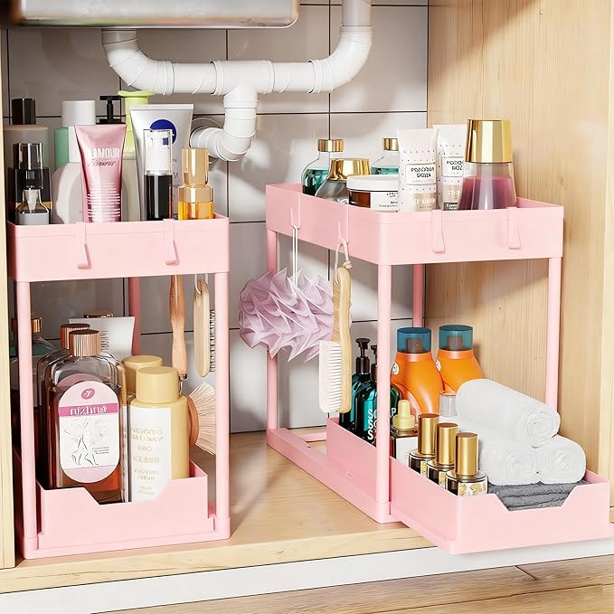 Simple Trending Under Sink Organizer 2 Pack, Sink Pull-Out Sliding Storage Cabinet, 2-Tier Under Shelf Organizer for Kitchen Bathroom, Pink