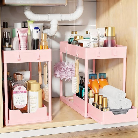 Simple Trending Under Sink Organizer 2 Pack, Sink Pull-Out Sliding Storage Cabinet, 2-Tier Under Shelf Organizer for Kitchen Bathroom, Pink