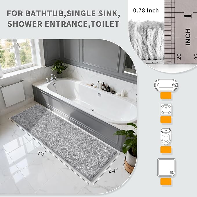 Yimobra Bathroom Runner Rug Non Slip Washable, Soft Absorbent Microfiber Long Bath Mat, Dual-Tone Decor Rug with Rubber Backing for Floor,Tub and Hallway,70x24,Home Essentials,Grey and White
