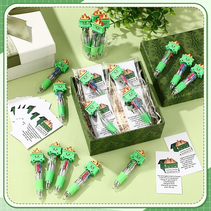 50 Sets Christmas Dumpster Fire Pens Gifts Bulk, Funny Dumpster 4-in-1 Multicolor Ballpoint Pen Desk Accessories with Positive Cards for Classroom Student Rewards and Holiday Party Supplies