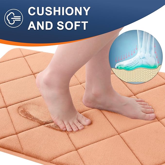 OLANLY Memory Foam Bath Mat 36x24, Ultra Soft and Absorbent Bathroom Rugs, Machine Washable, Comfortable Bath Carpet for Bathroom Floor, Tub and Shower, Peach