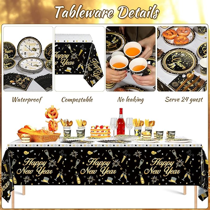 Funrous Happy New Year Party Supplies Tableware Set Serves 24 Guests Including New Year Plates Cups Napkins Forks Knives Spoons Tablecloth and Celebration Banner for Black and Gold Party Decoration