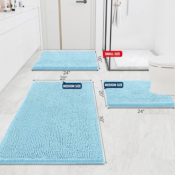 Smiry Luxury Chenille Bathroom Rugs 59x20, Extra Soft and Absorbent Shaggy Bath Mat, Machine Washable, Non-Slip Plush Carpet Runner for Tub, Shower, and Floor, Home Decor Accessories, Sky Blue