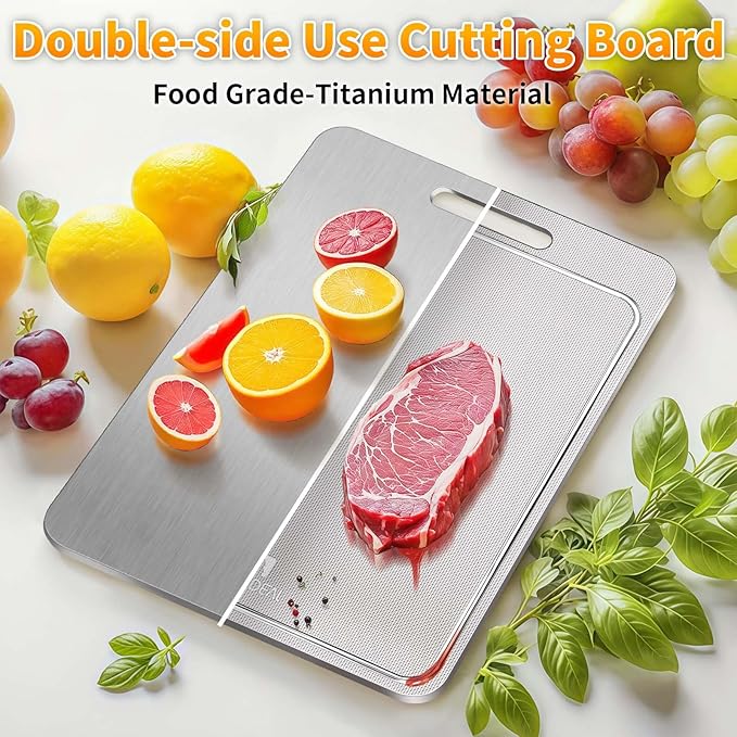 100% Pure Titanium Cutting Board with Groove, Scratch Resistant Chopping Board with Non-slip Pad for Kitchen, Titanium Cutting Boards for Vegetables and Meat, Dishwasher safe 8 * 12 IN