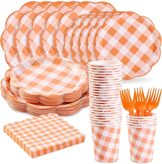 125Pcs Orange Gingham Plates, Disposable Fall Plaid Dinnerware with Plates, Napkins, Forks and Cups Orange and White Checkered Party Supplies for Harvest Thanksgiving Party