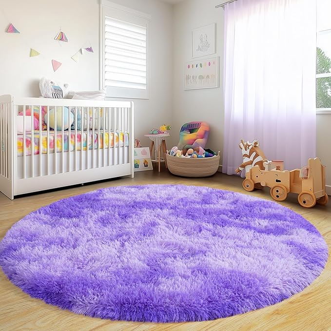 Round Fluffy Rugs 6Ft for Girls Bedroom, Tie-Dyed Purple Shag Circle Kids Rug Non-Slip for Bedside Dorm Nursery Playroom, Soft Cute Area Rugs for Living Room Decor