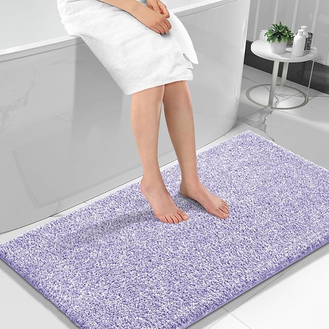 Yimobra Long Bathroom Rug Non Slip Washable, Soft Absorbent Microfiber Bath Mat, Dual-Tone Decor Rug with Rubber Backing for Bathroom Floor,Tub and Shower,47x24,Home Essentials,Purple and White