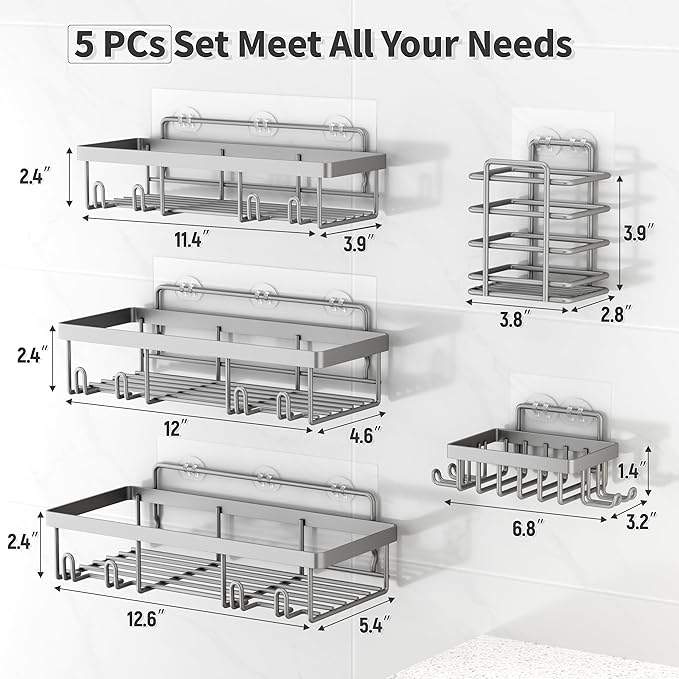5 Pack Shower Caddy Organizer – Adhesive Bathroom Storage Shelves