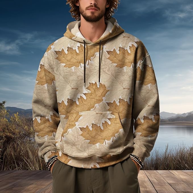 Mens Camo Hoodies Maple Leaf Graphic Camouflage Pullover Sweatshirts Hooded Fleece Casual Hunting Fall Outfits