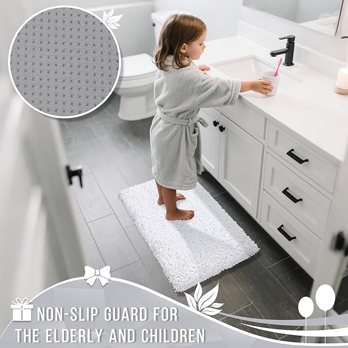 Yimobra Large Bathroom Rug Non Slip 36x24 Inch, Extra Thick Soft Absorbent Chenille Bath Mat, Machine Washable Quick Dry Bath Rugs for Bathroom Floor, Tub and Shower, Home Decor Accessories, White