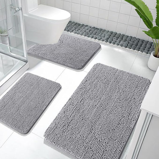 OLANLY Bathroom Rugs Sets 3 Piece, Soft Absorbent Chenille Bath Mats and U-Shaped Contour Toilet Rug, Quick Dry, Home Decor Accessories, Bath Mat Set for Bathroom (36"x24"+24"x16"+24"x20", Grey)