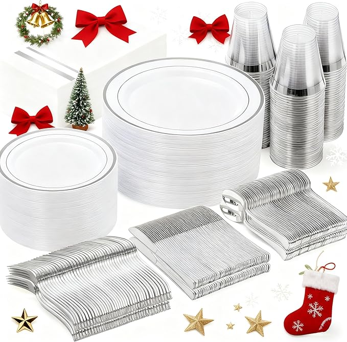 GATHER 350PCS Silver Plastic Plates - White and Silver Disposable Plates for 50 Guests Includes 100 Plate, 50 Napkins, 150 Silvery Cutlery and 50 Cups for Party & Christmas