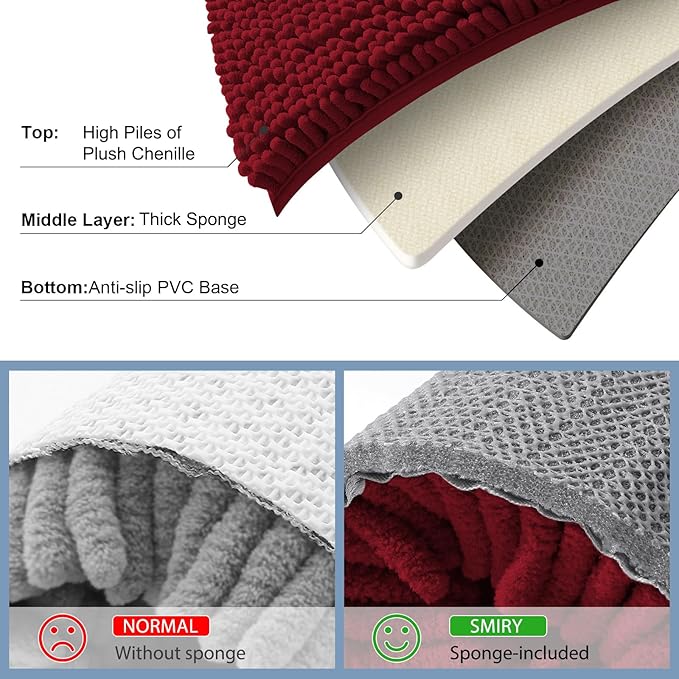 Smiry Luxury Chenille Bathroom Rugs 36x24, Extra Soft and Absorbent Shaggy Bath Mat, Machine Washable, Non-Slip Plush Carpet Runner for Tub, Shower, and Floor, Home Decor Accessories, Red
