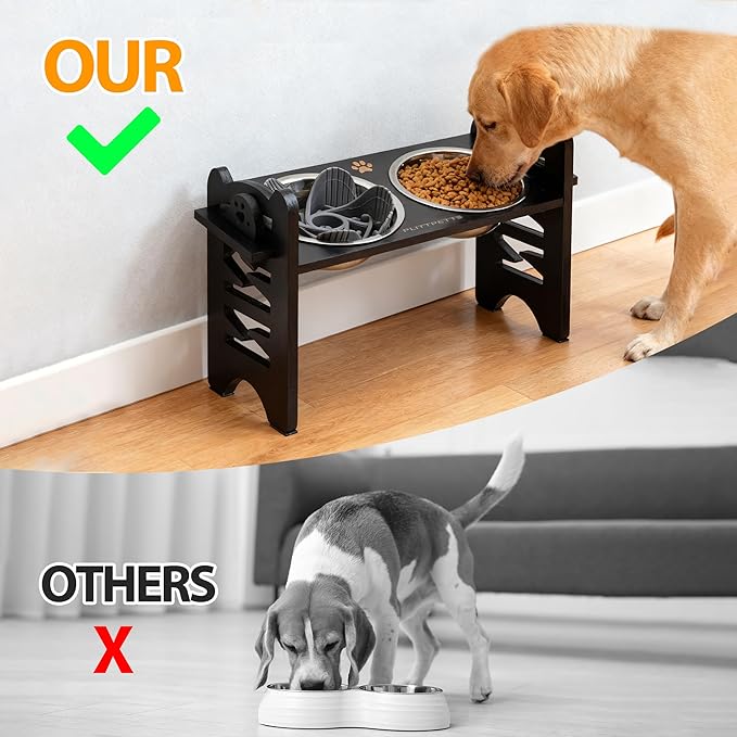 Elevated Dog Bowls, 9 Heights Adjustable Raised Dog Bowl Stand for Small & Medium Pet with 2 Stainless Steel Dishes and 1 Slow Feeder Bowl, Sturdy Bamboo Pet Food Dishes with Non-Slip Feet